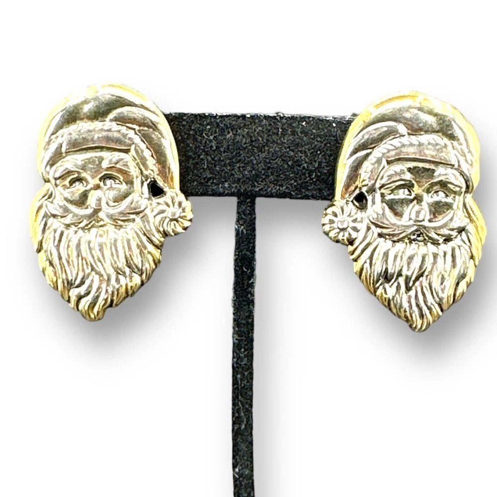 Vintage Large Santa Clause Face Stud Earrings Silver Tone Accented w/ Gold Tone